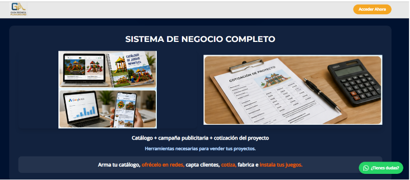 Catálogo + campaña publicitaria + cotización del proyecto

Herramientas necesarias para vender tus proyectos.

Arma tu catálogo, ofrécelo en redes, capta clientes, cotiza, fabrica e instala tus juego