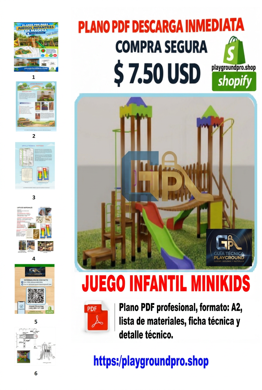 Portada del plano PDF Minikids con sello GP y tobogán